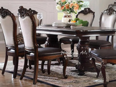 Traditional 7-Piece Dining Table Set with Cherry Finish PU and Linen Chairs