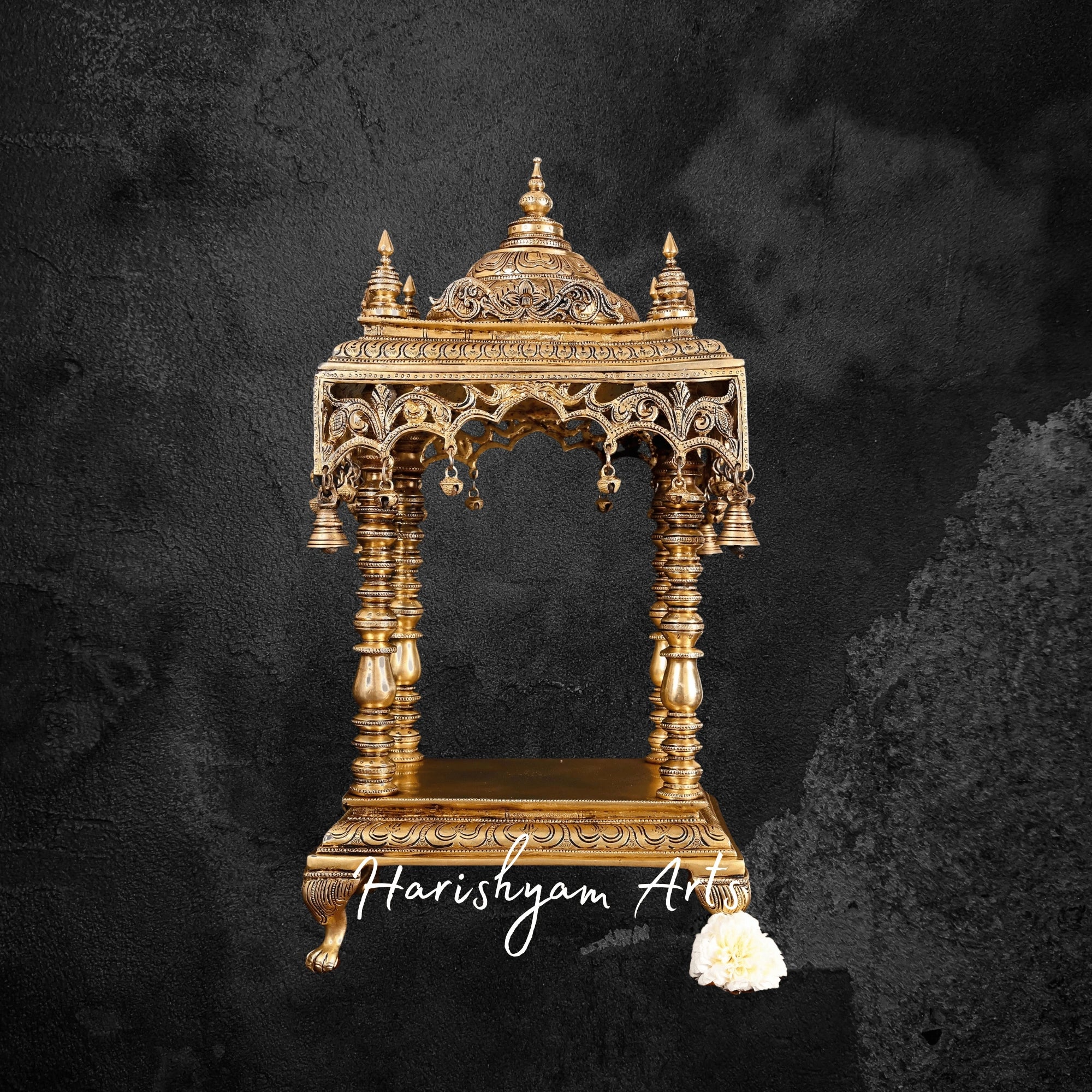 Traditional Brass Pooja Mandir with Hanging Bells for Home Temple Decor