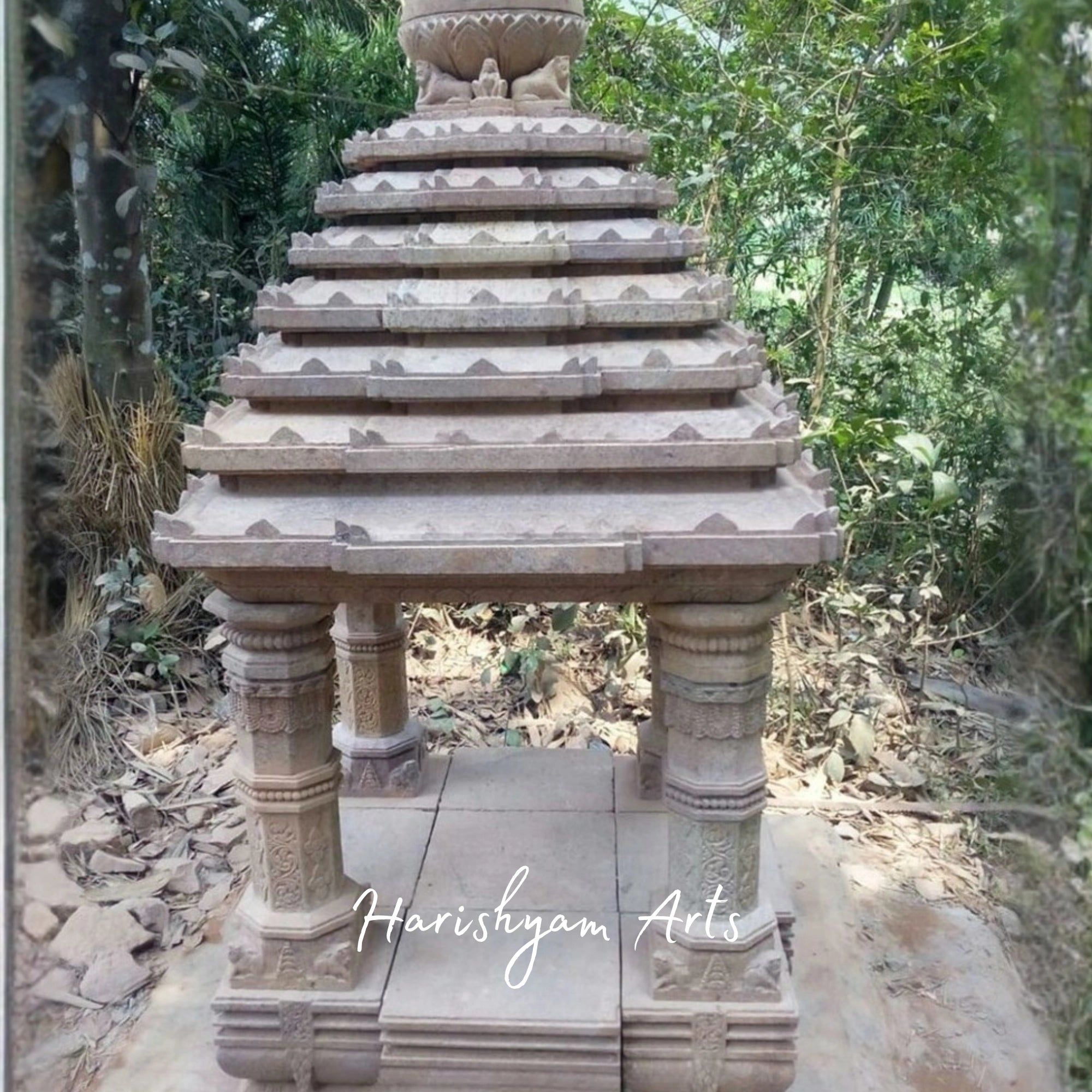 Traditional Carved Red Sandstone Mandir | Compact Outdoor Stone Temple with Shikhara Design & Pillared Base