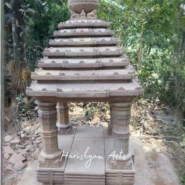 Traditional Carved Red Sandstone Mandir | Compact Outdoor Stone Temple with Shikhara Design & Pillared Base