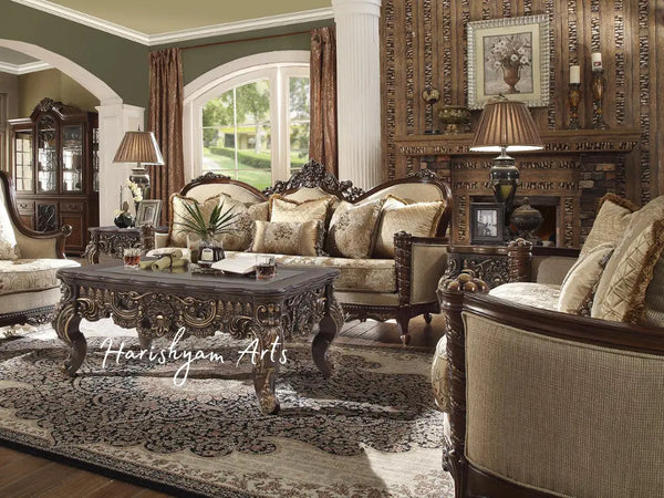 Traditional Carved Wood 2-Piece Dark Walnut and Beige Sofa Set