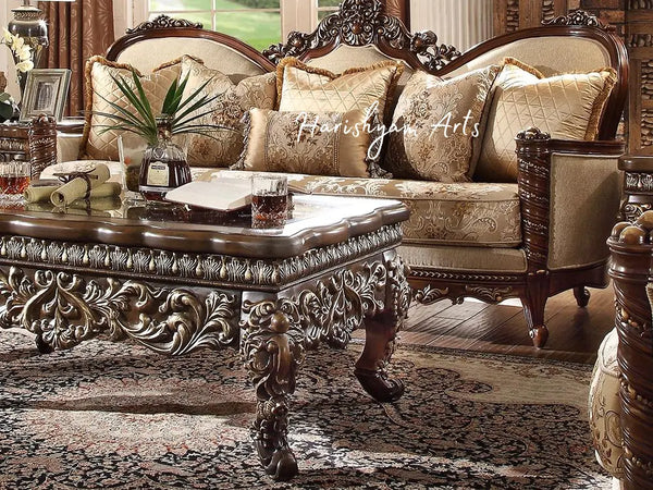 Traditional Carved Wood 2-Piece Dark Walnut and Beige Sofa Set