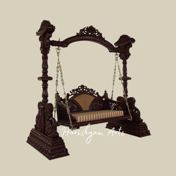Traditional Dark Teak Wood Swing with Brass Chains for Home Décor