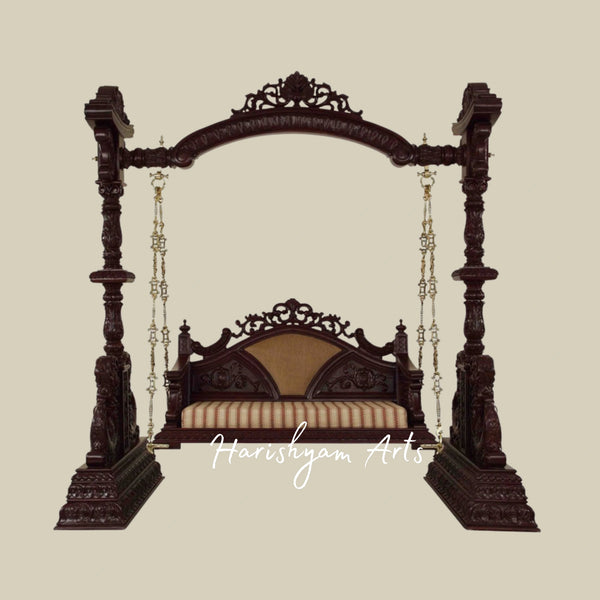 Traditional Dark Teak Wood Swing with Brass Chains for Home Décor