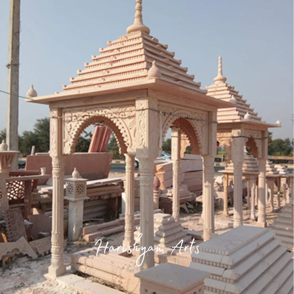 Traditional Handcrafted Sandstone Chhatri Mandir | Outdoor Carved Stone Pavilion with Ornate Pillars & Dome Shikhara Design