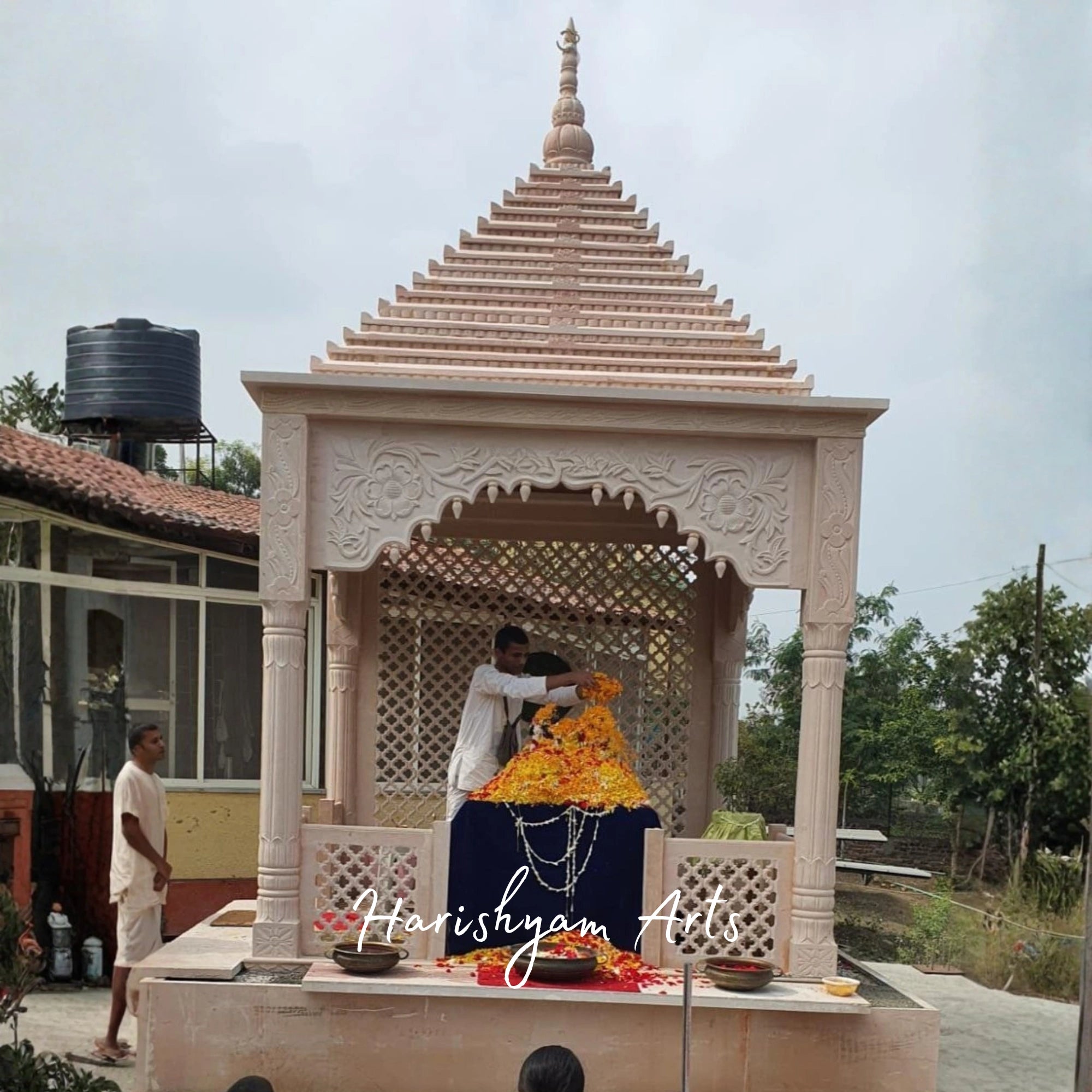 Traditional Handcrafted Sandstone Temple | Outdoor Hindu Mandir with Ornate Carvings
