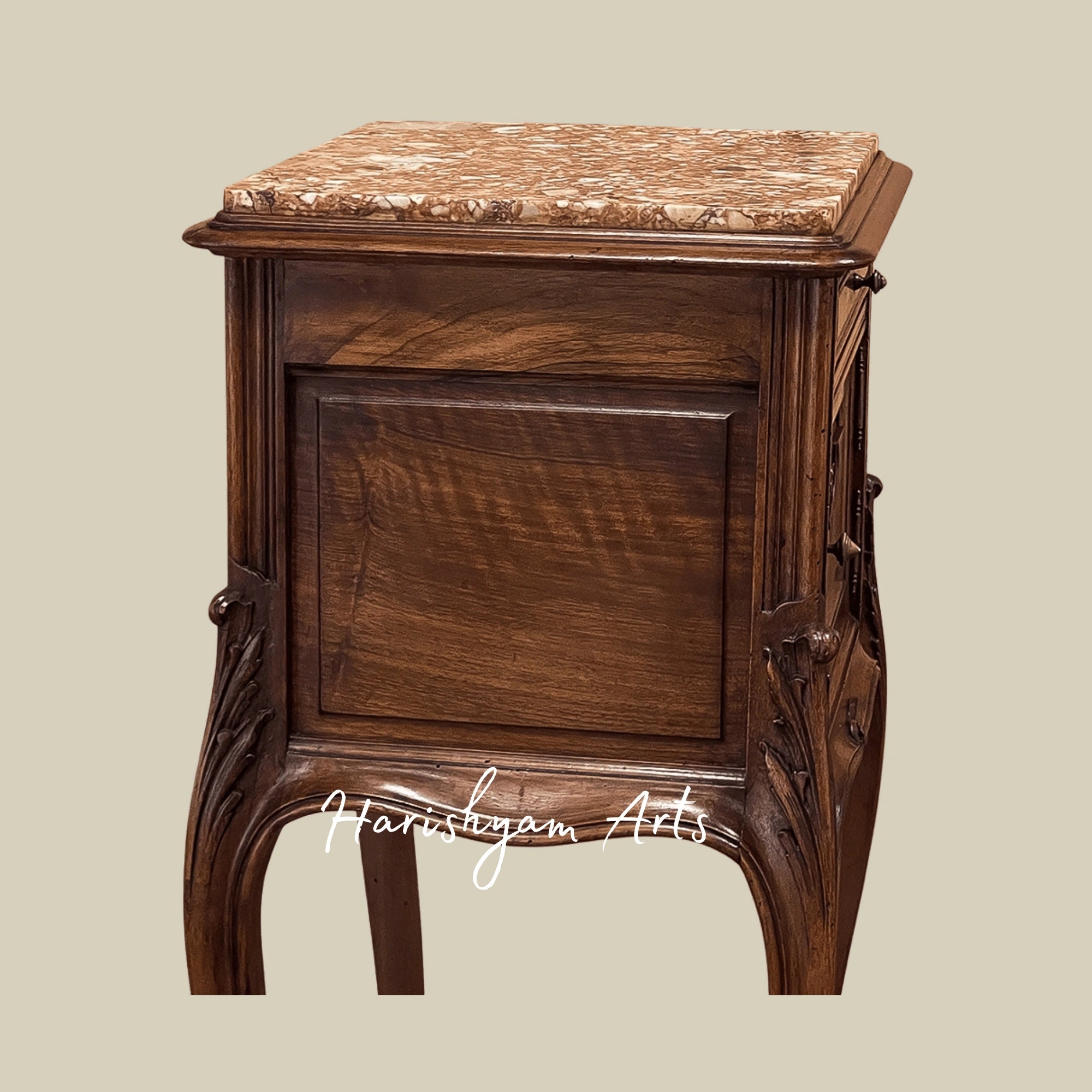 Traditional Marble Top Bedside Table with Antique Wooden Finish