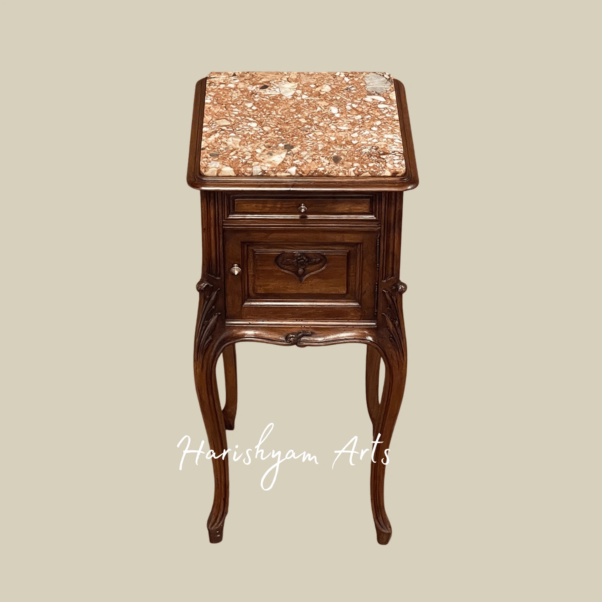 Traditional Marble Top Bedside Table with Antique Wooden Finish