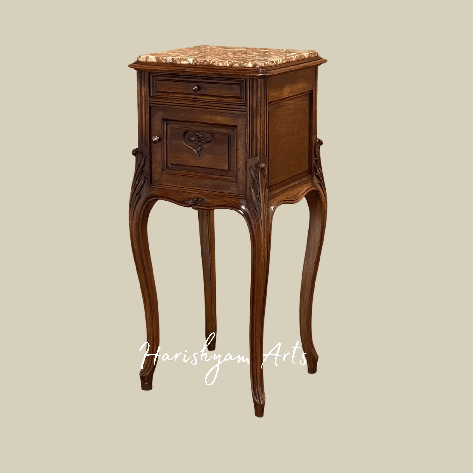 Traditional Marble Top Bedside Table with Antique Wooden Finish