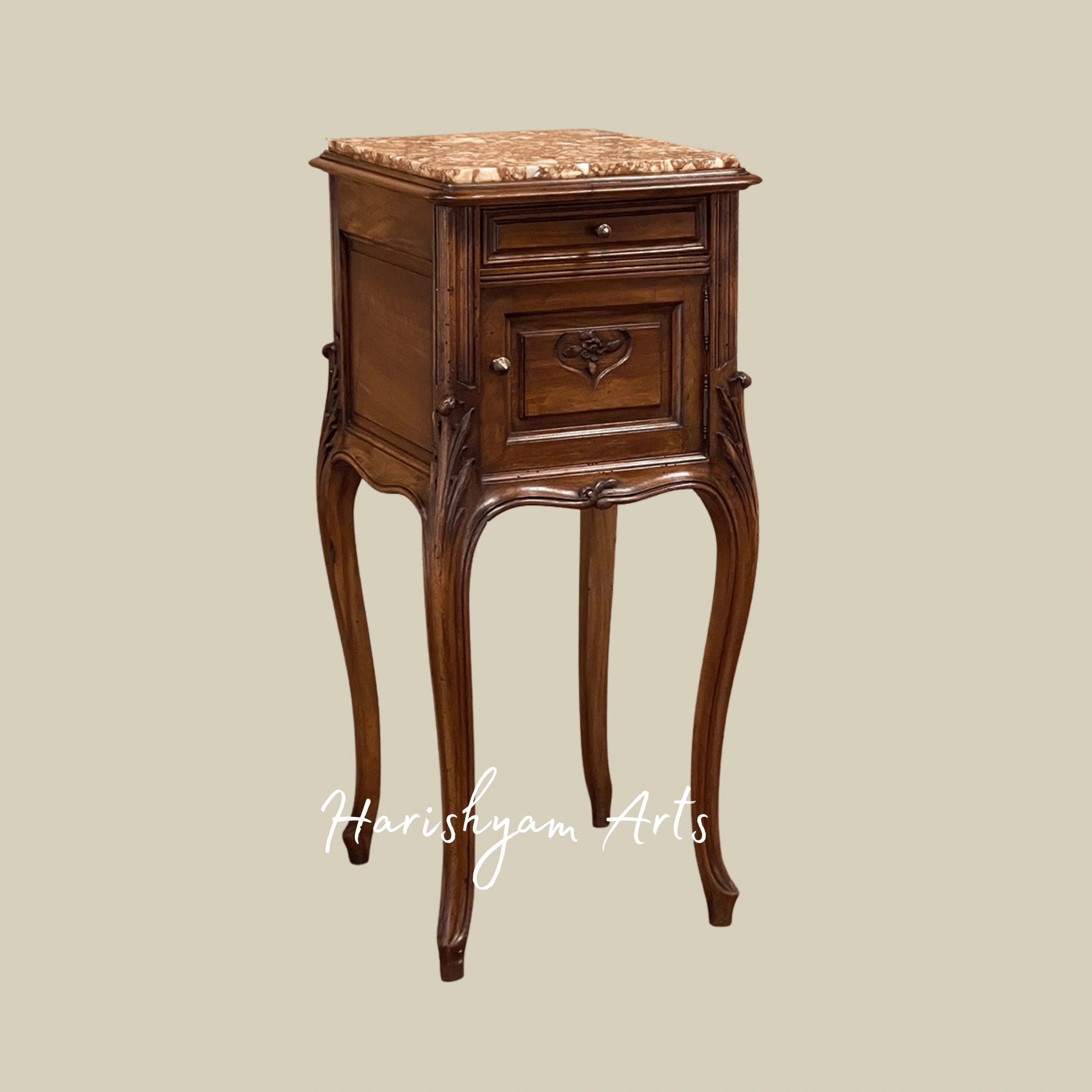 Traditional Marble Top Bedside Table with Antique Wooden Finish