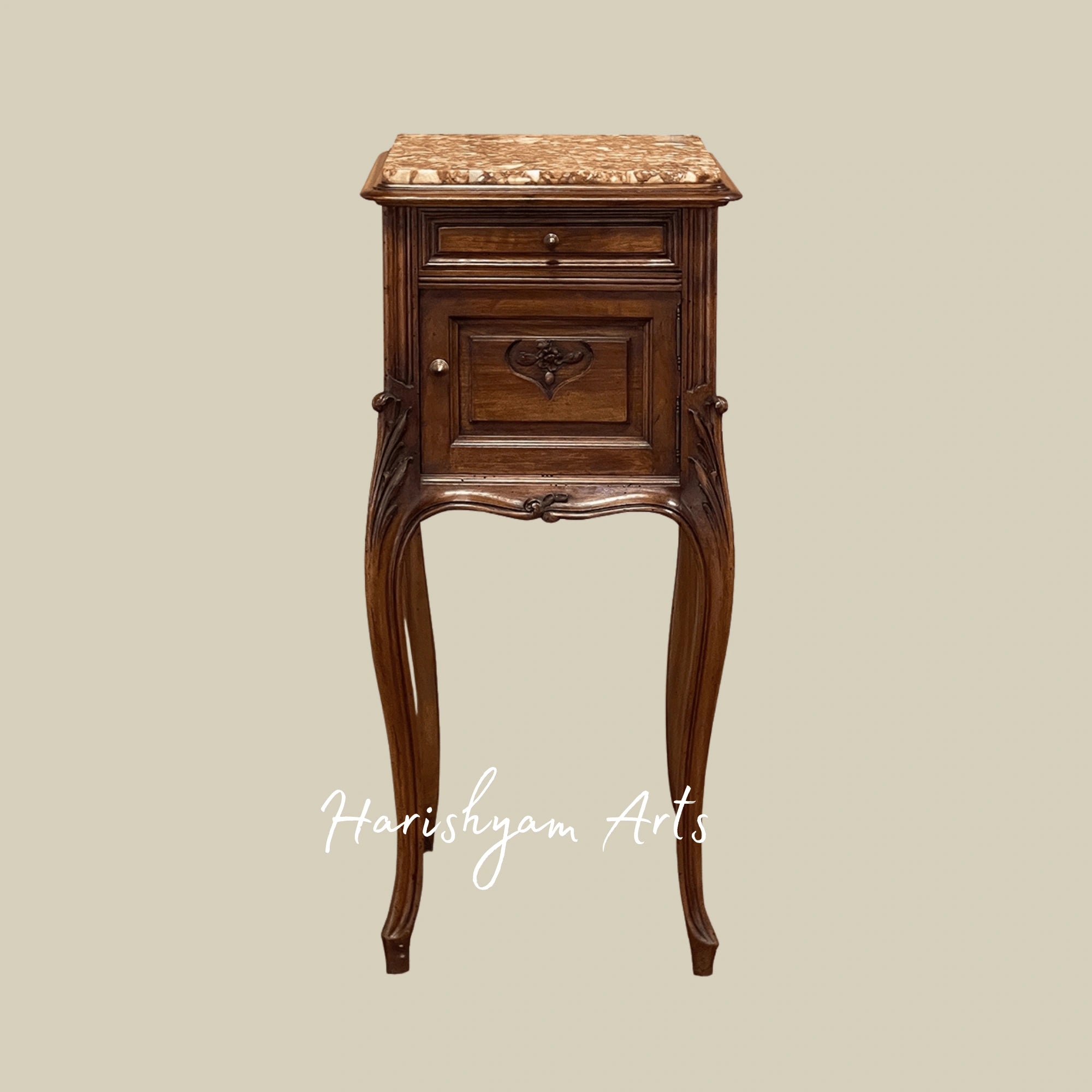 Traditional Marble Top Bedside Table with Antique Wooden Finish