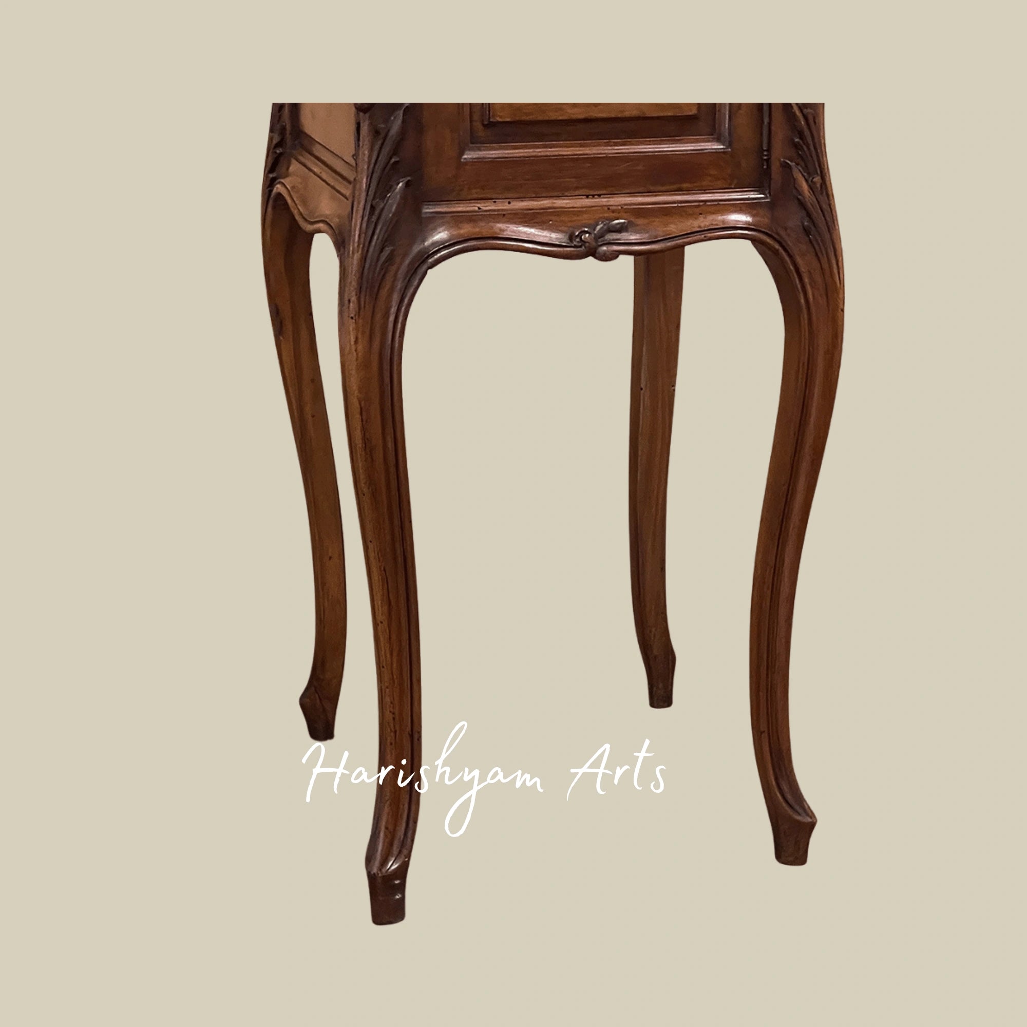 Traditional Marble Top Bedside Table with Antique Wooden Finish