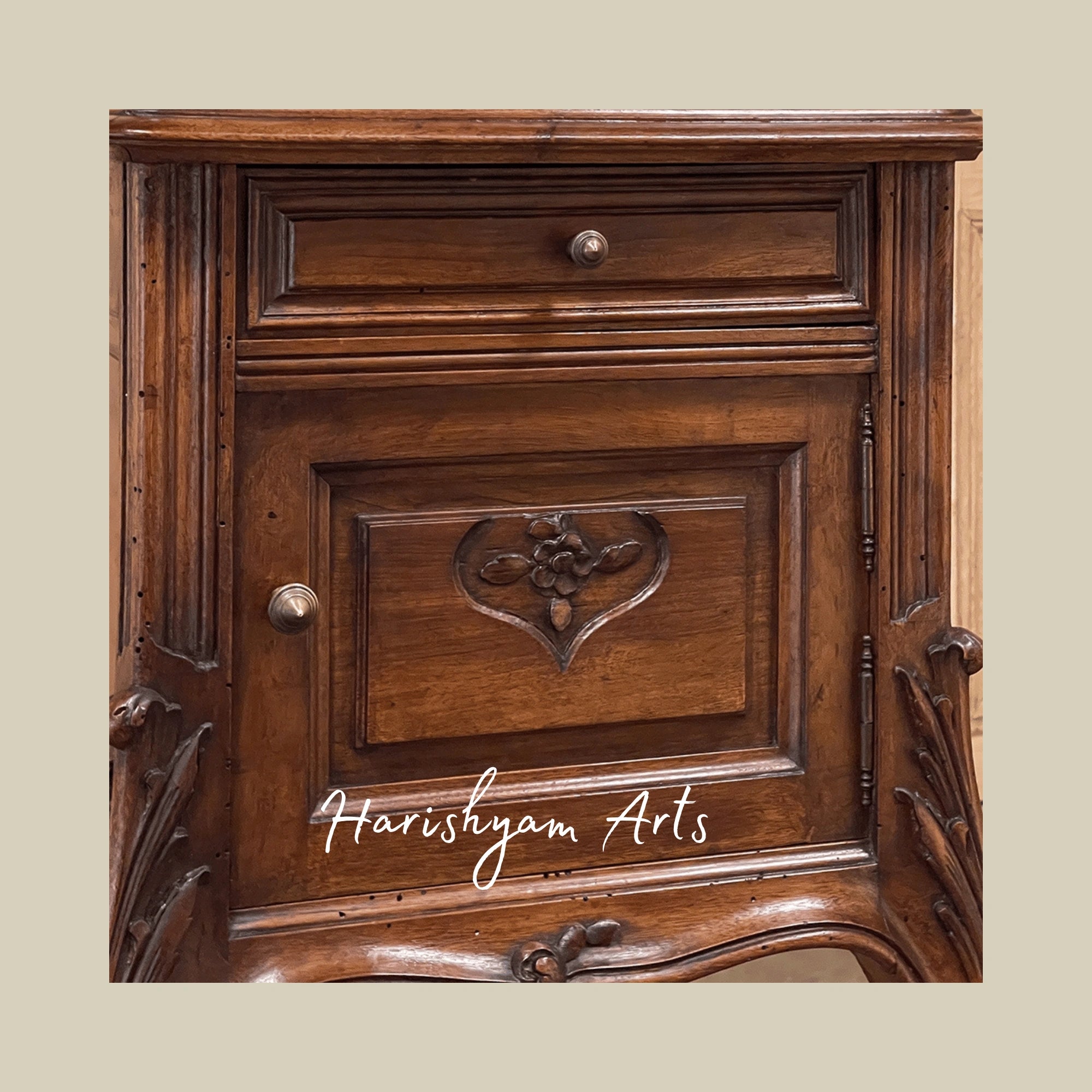 Traditional Marble Top Bedside Table with Antique Wooden Finish