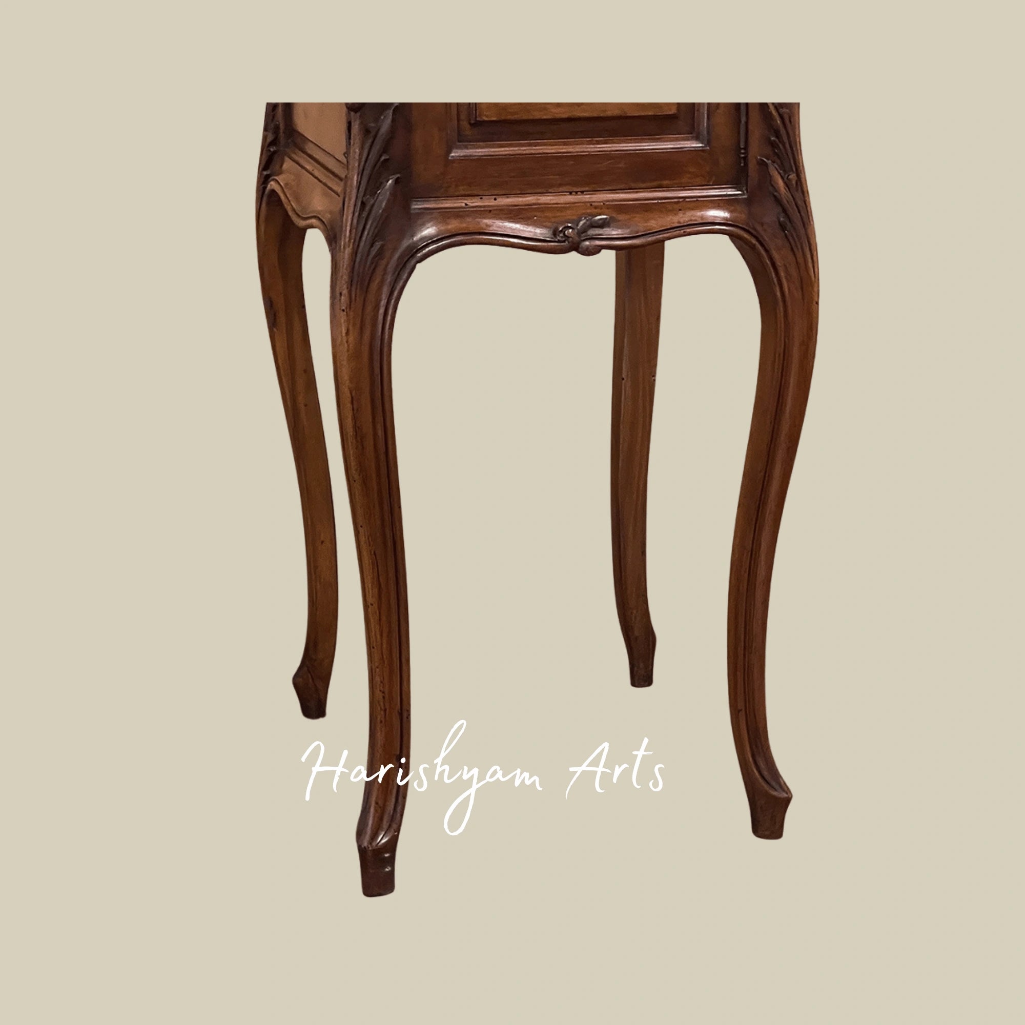 Traditional Marble Top Bedside Table with Antique Wooden Finish