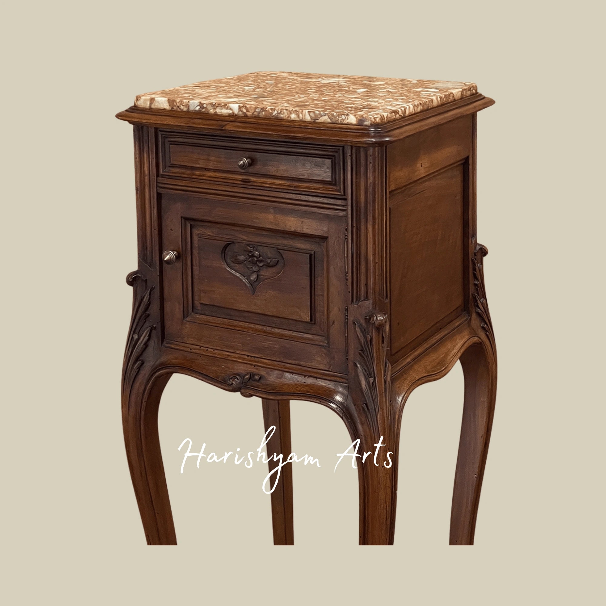 Traditional Marble Top Bedside Table with Antique Wooden Finish