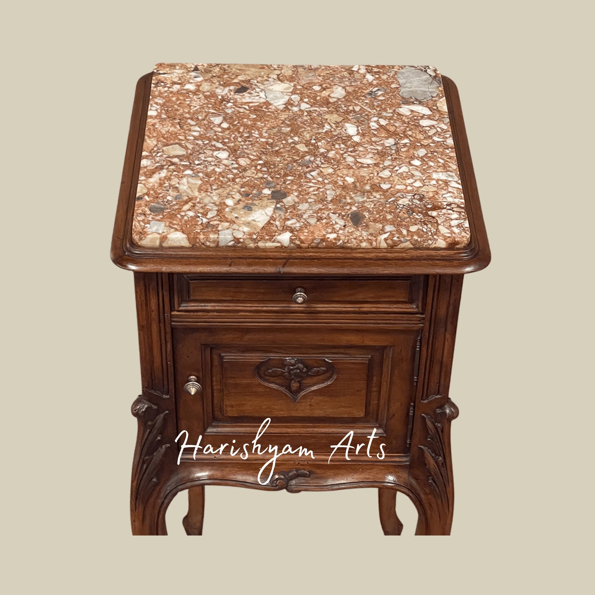 Traditional Marble Top Bedside Table with Antique Wooden Finish
