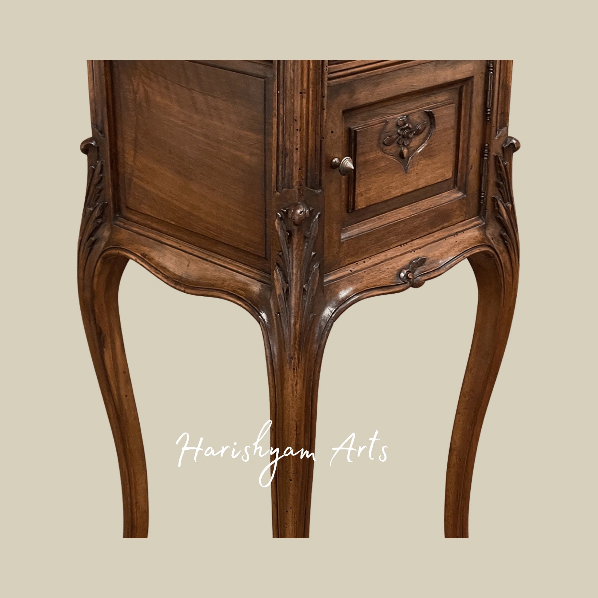 Traditional Marble Top Bedside Table with Antique Wooden Finish