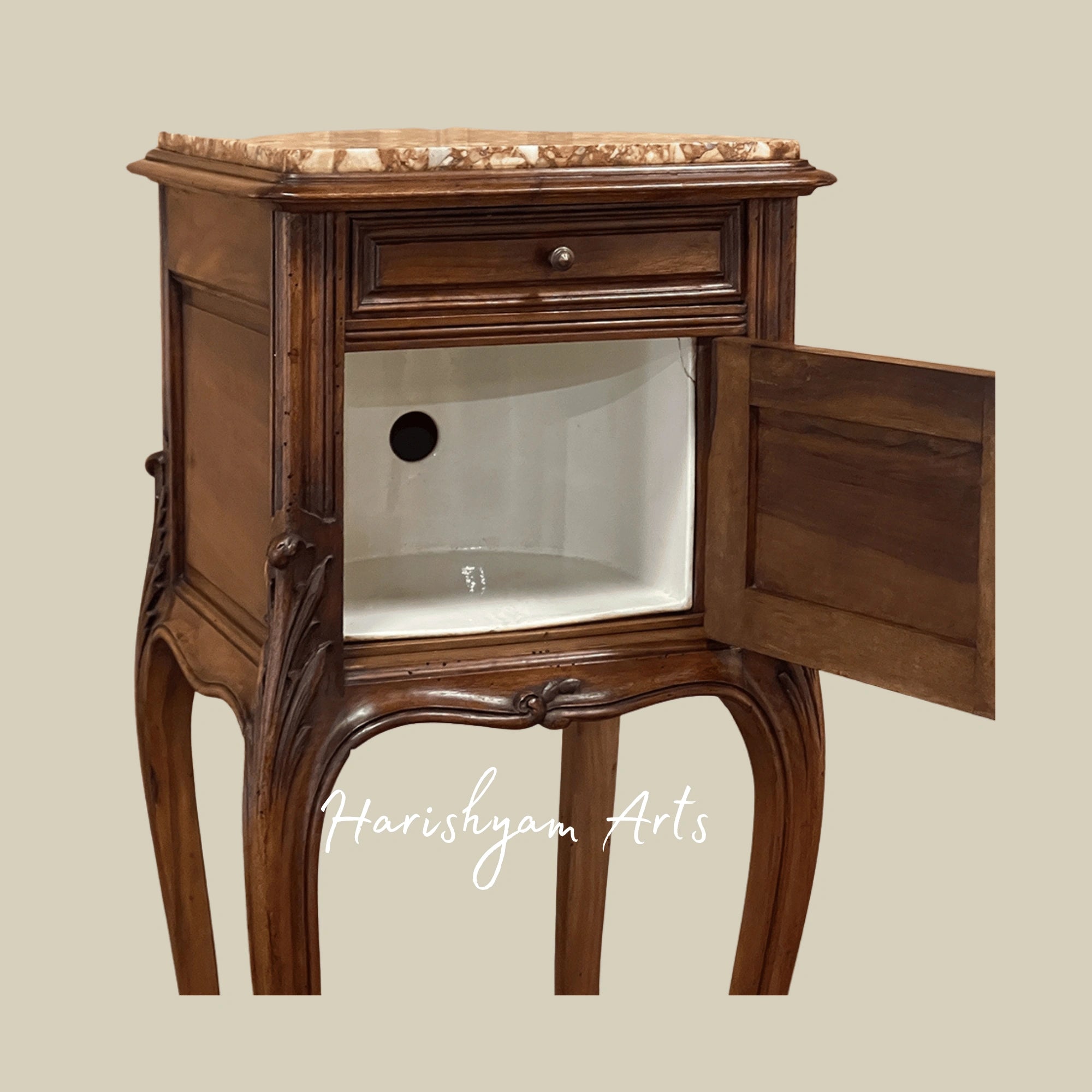 Traditional Marble Top Bedside Table with Antique Wooden Finish