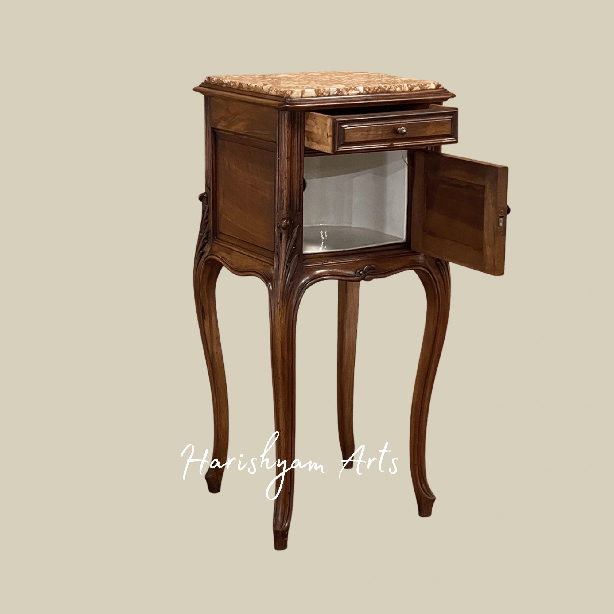 Traditional Marble Top Bedside Table with Antique Wooden Finish