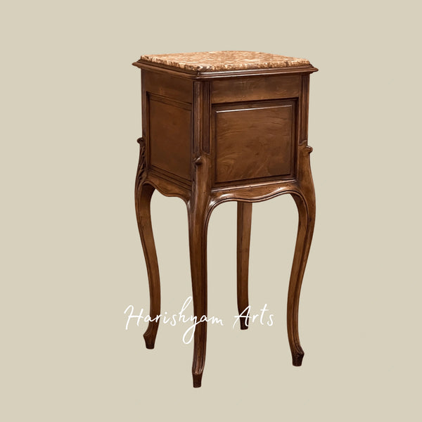 Traditional Marble Top Bedside Table with Antique Wooden Finish