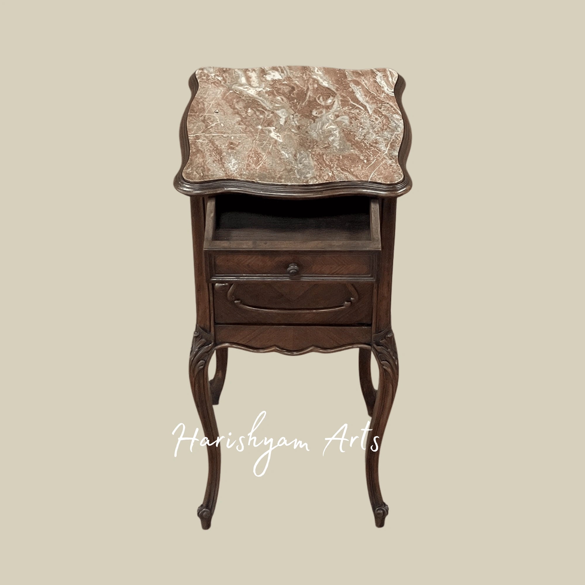 Traditional Marble Top Wooden Bedside Cabinet with Elegant Design