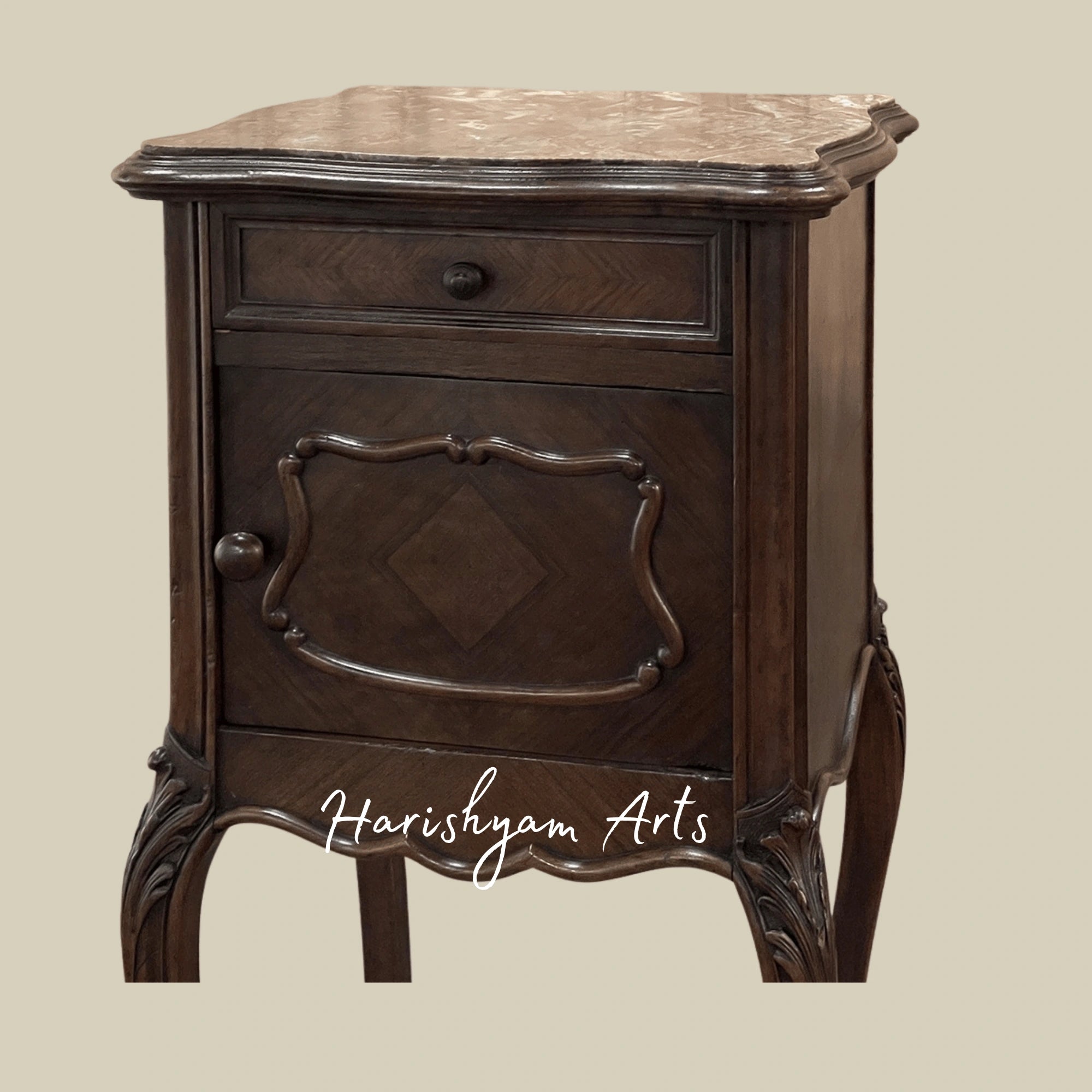 Traditional Marble Top Wooden Bedside Cabinet with Elegant Design