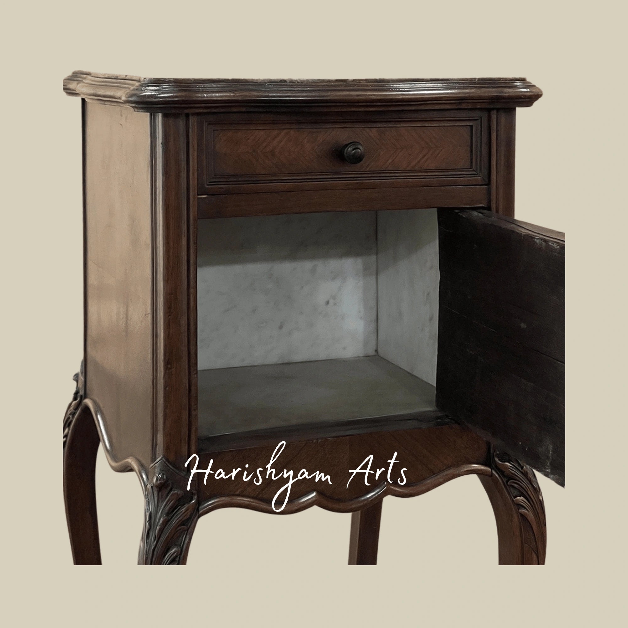 Traditional Marble Top Wooden Bedside Cabinet with Elegant Design