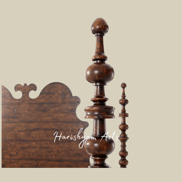 Traditional Wooden Bed with Arched Headboard and Turned Posts