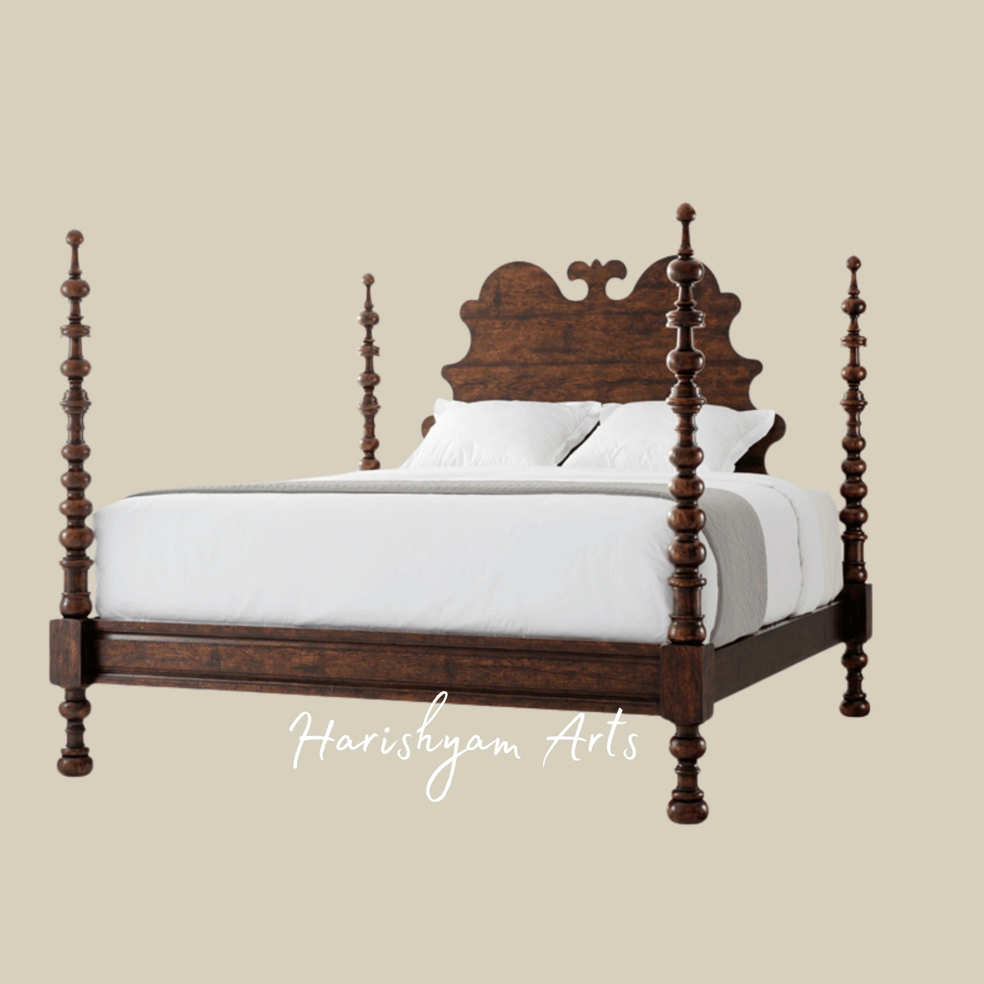 Traditional Wooden Bed with Arched Headboard and Turned Posts