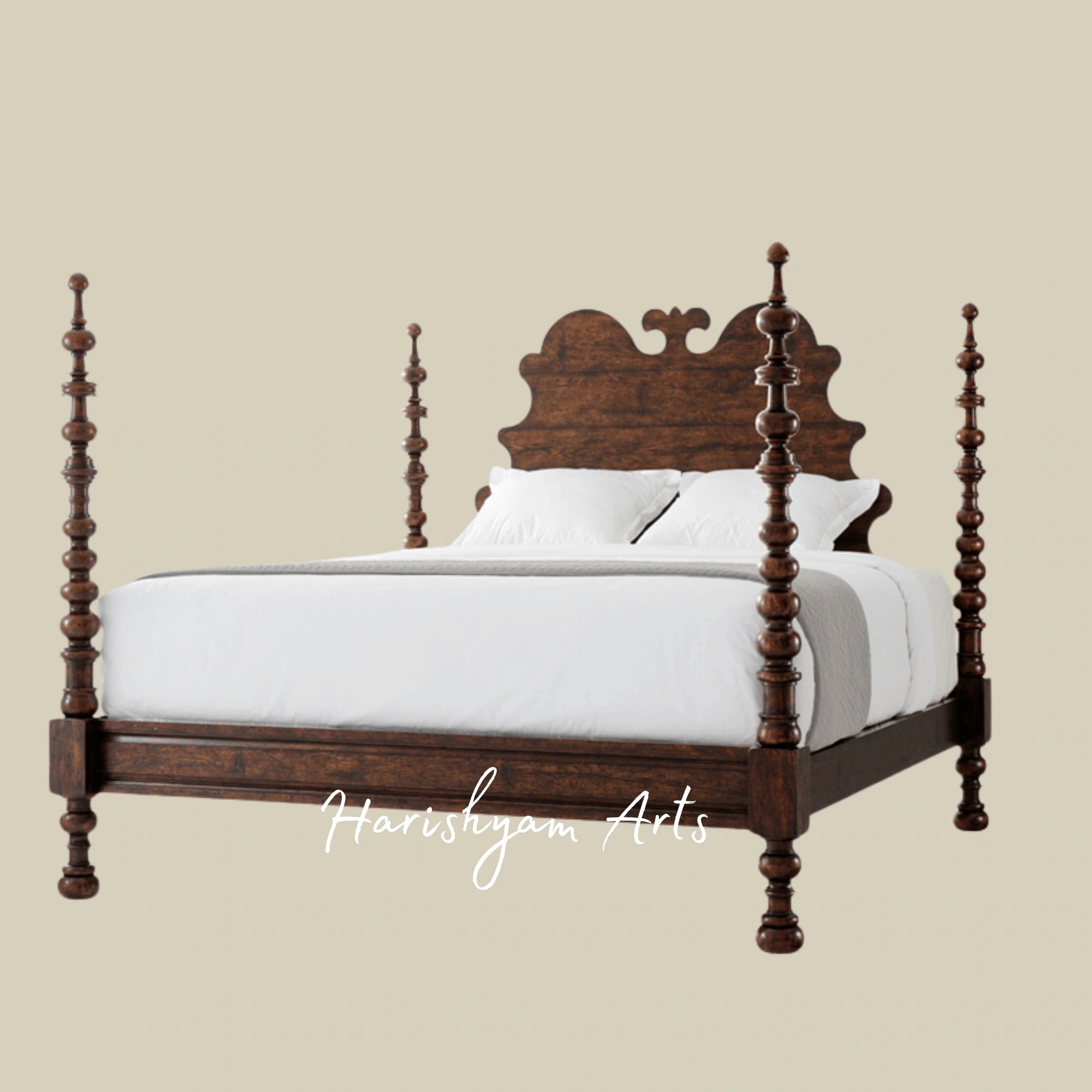 Traditional Wooden Bed with Arched Headboard and Turned Posts