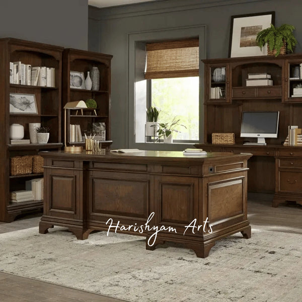 Traditional Wooden Office Desk with Classic Panel Design and Ample Storage for Home and Workspaces