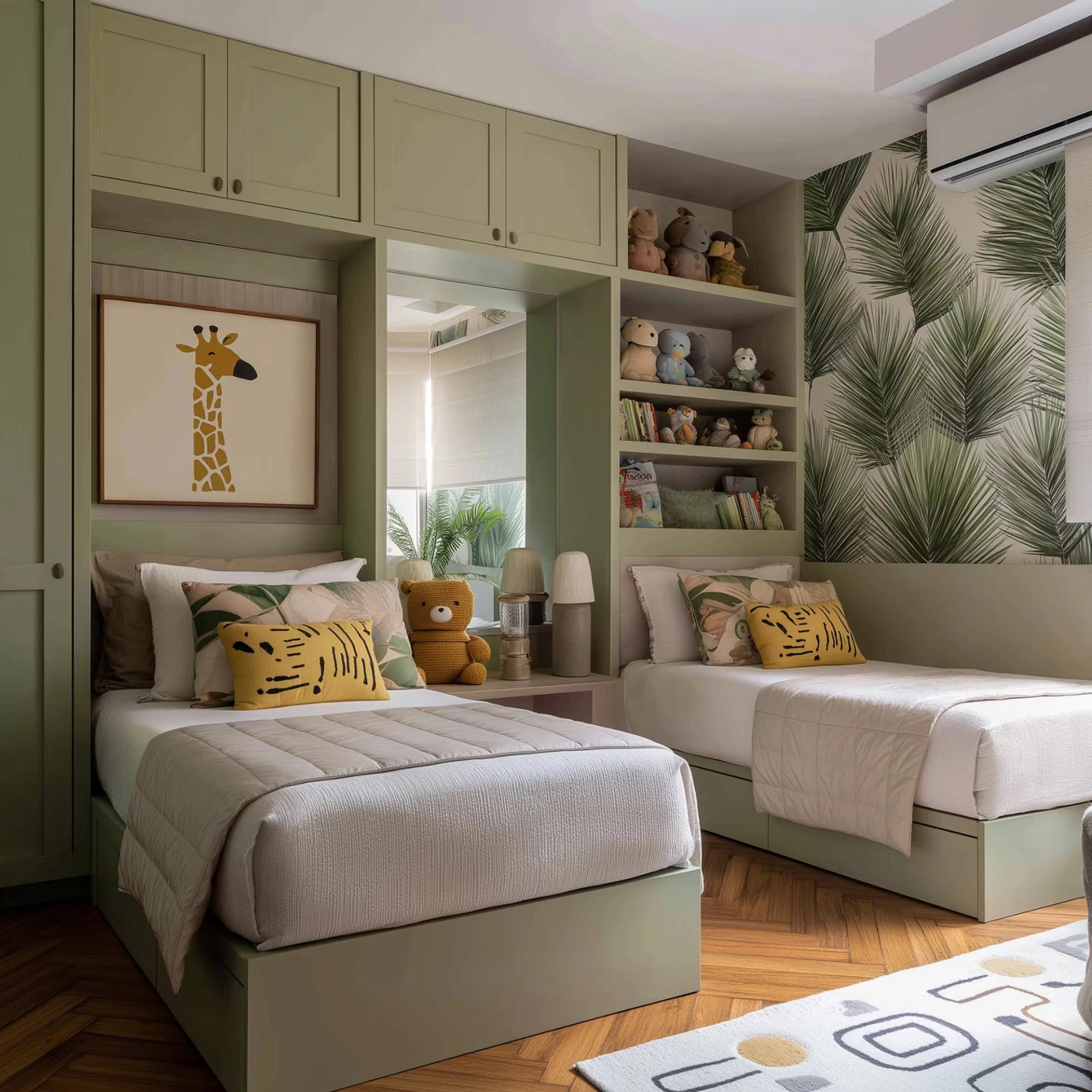 Tropical-Themed Kids Bedroom with Twin Beds and Green Cabinetry