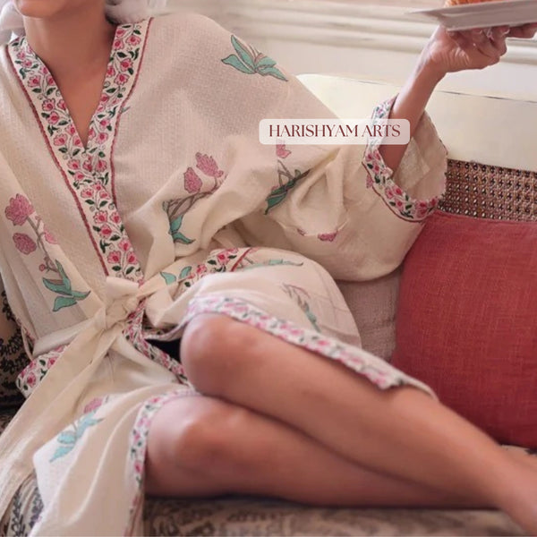 Tulip Whisper Artisan Printed Cotton Bathrobe for Women