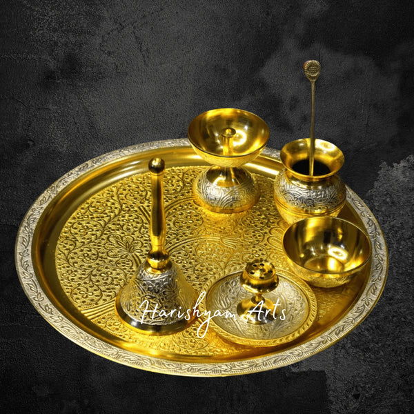 Two Tone Brass Pooja Set with Velvet Box for Gifting and Temple Use