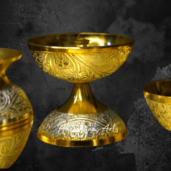 Two Tone Brass Pooja Set with Velvet Box for Gifting and Temple Use