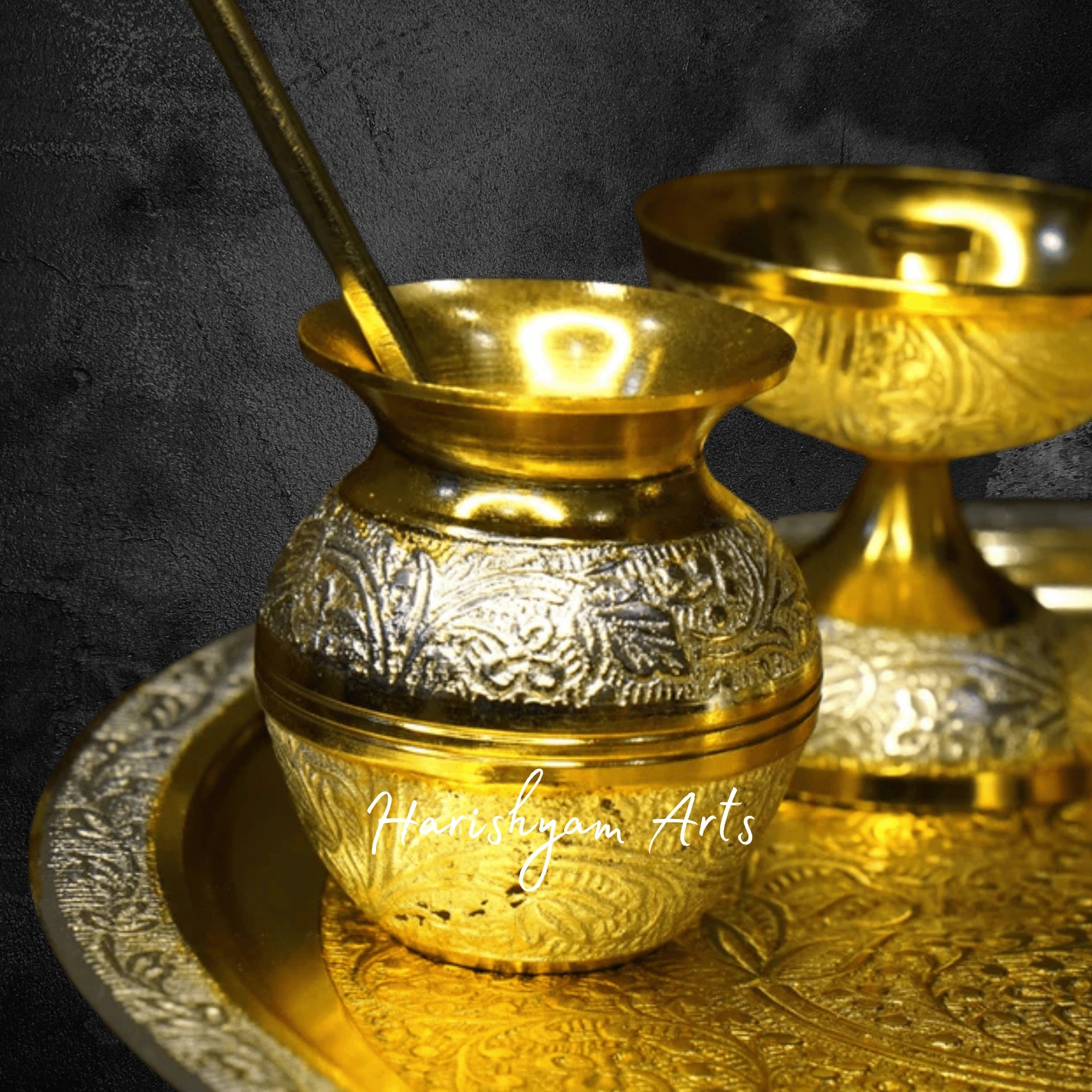 Two Tone Brass Pooja Set with Velvet Box for Gifting and Temple Use