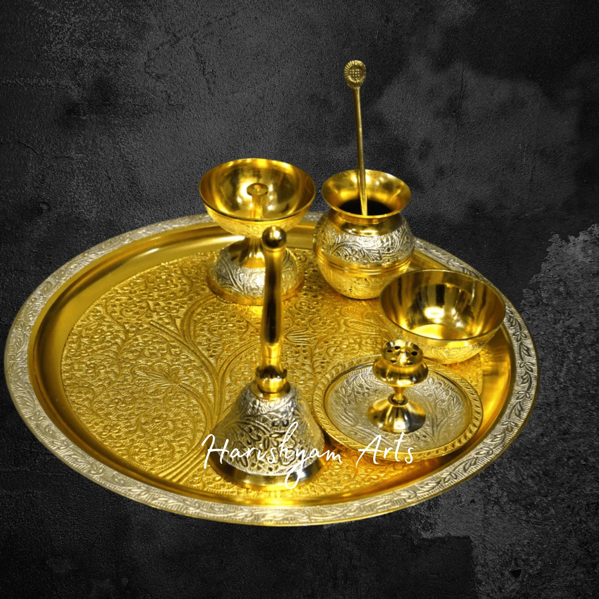 Two Tone Brass Pooja Set with Velvet Box for Gifting and Temple Use