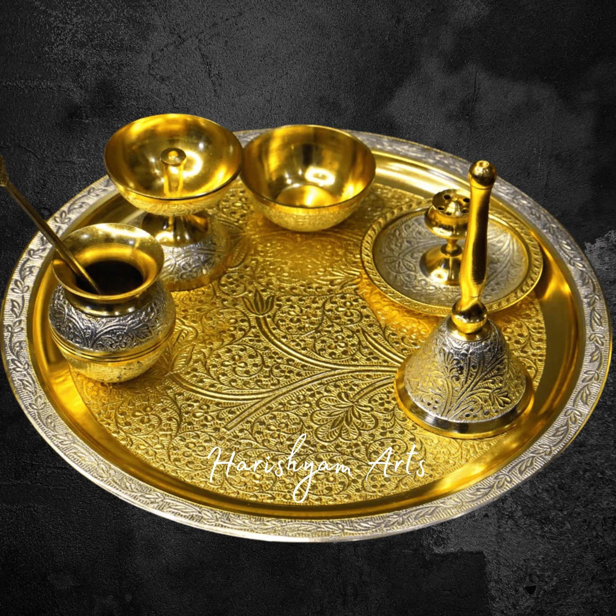 Two Tone Brass Pooja Set with Velvet Box for Gifting and Temple Use