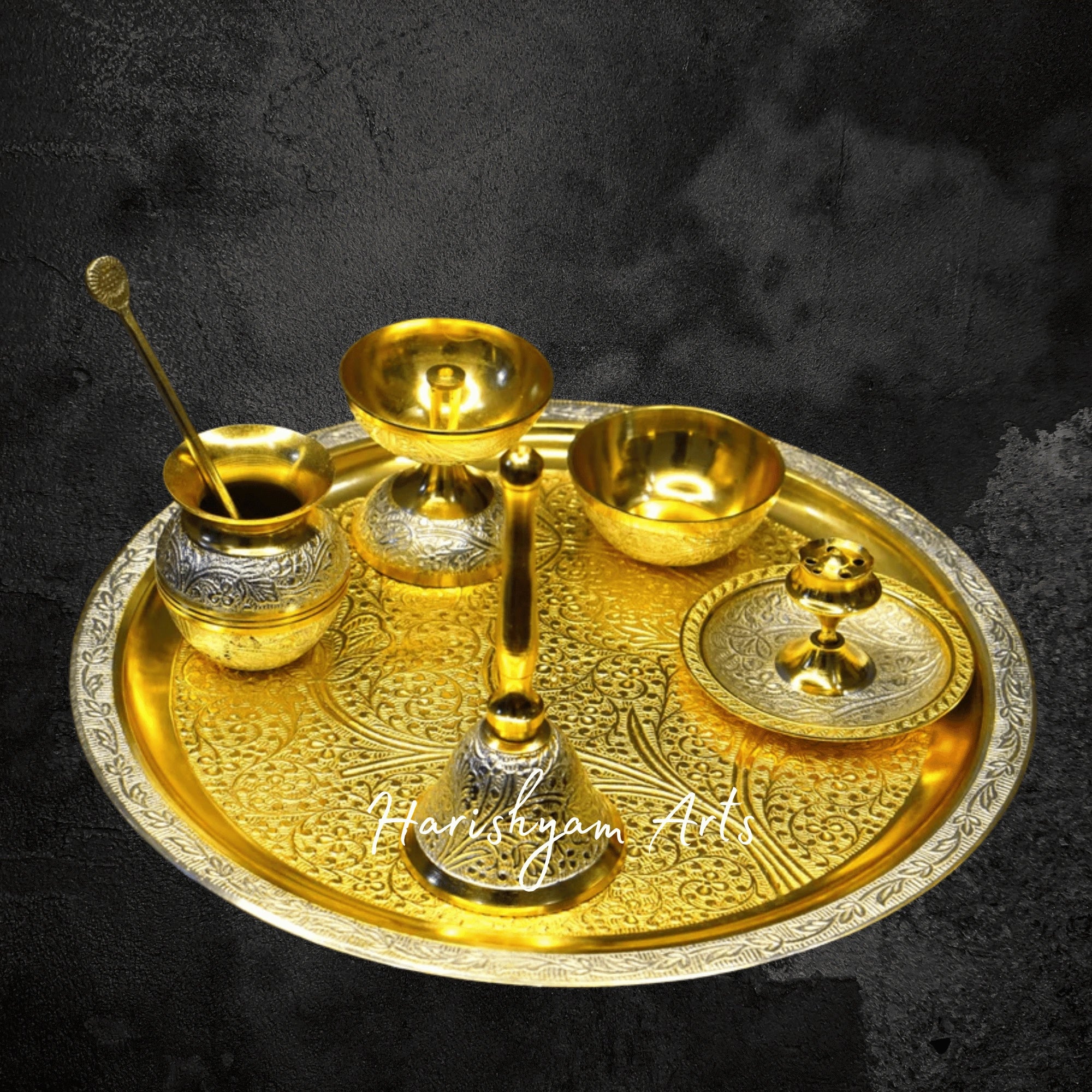 Two Tone Brass Pooja Set with Velvet Box for Gifting and Temple Use