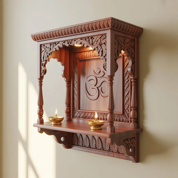 Vedanta Teak Wood Mandir – Handcrafted Wall Temple with LED and Carvings
