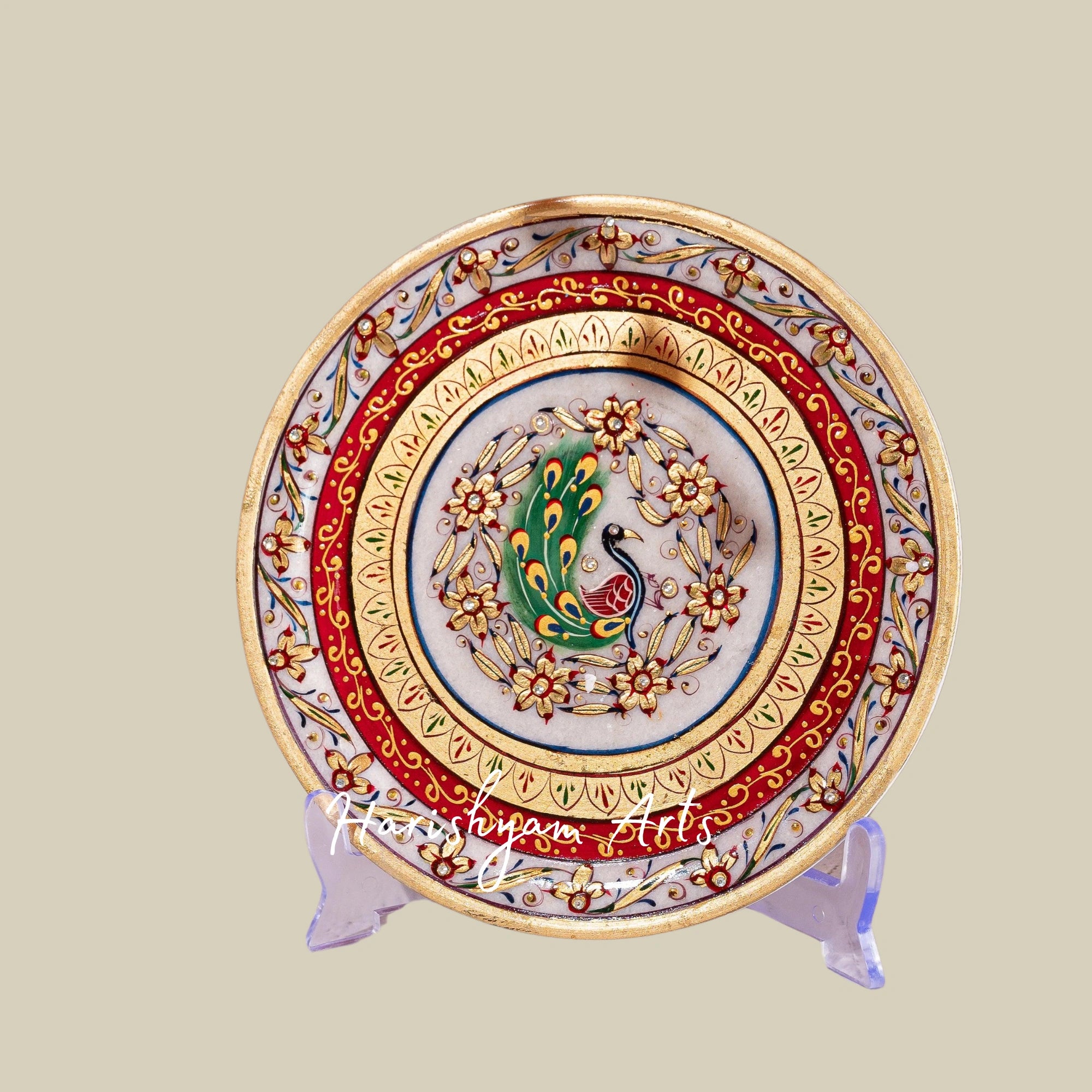 Vibrant Meenakari Art Marble Plate With Red & Yellow Hand-Painted Design