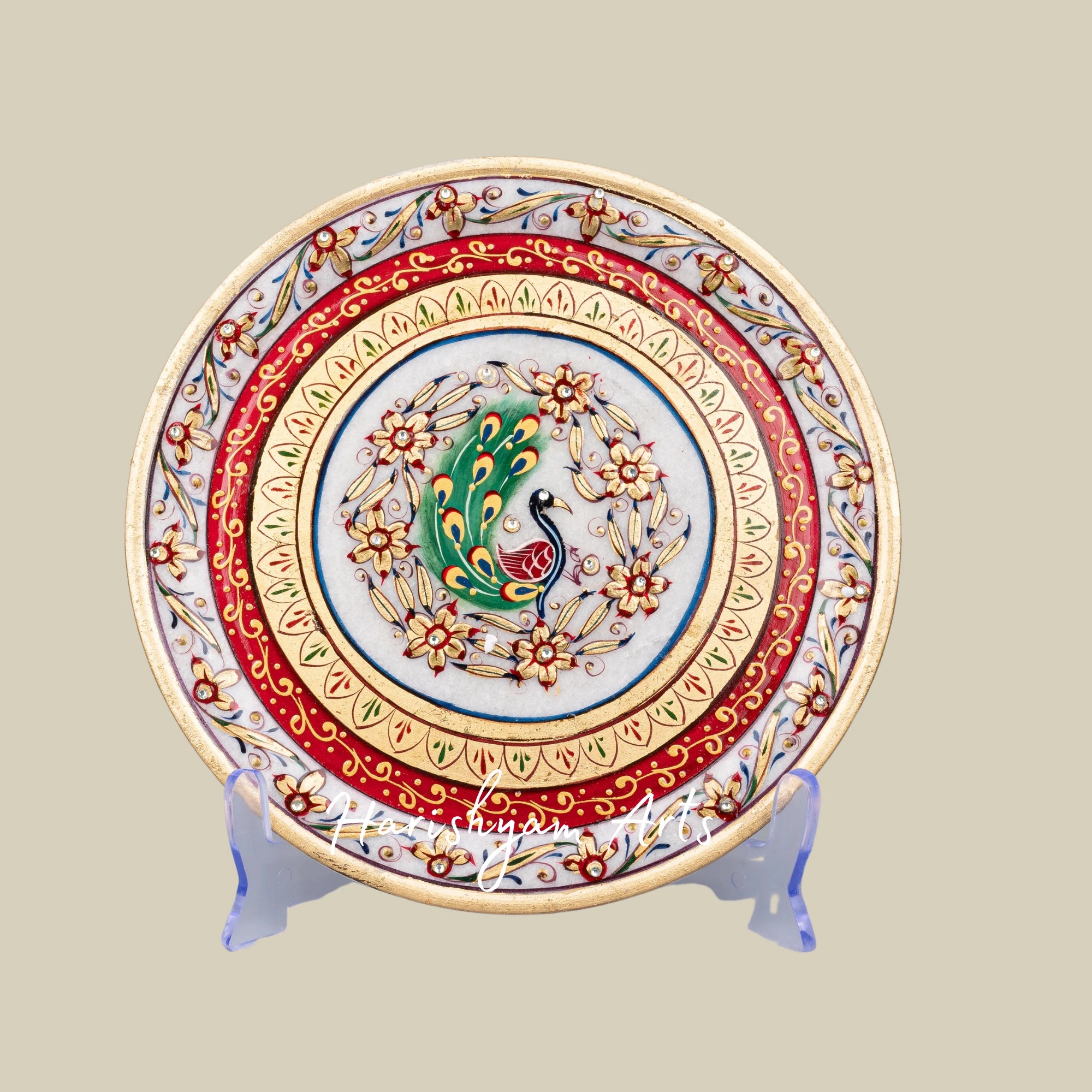 Vibrant Meenakari Art Marble Plate With Red & Yellow Hand-Painted Design