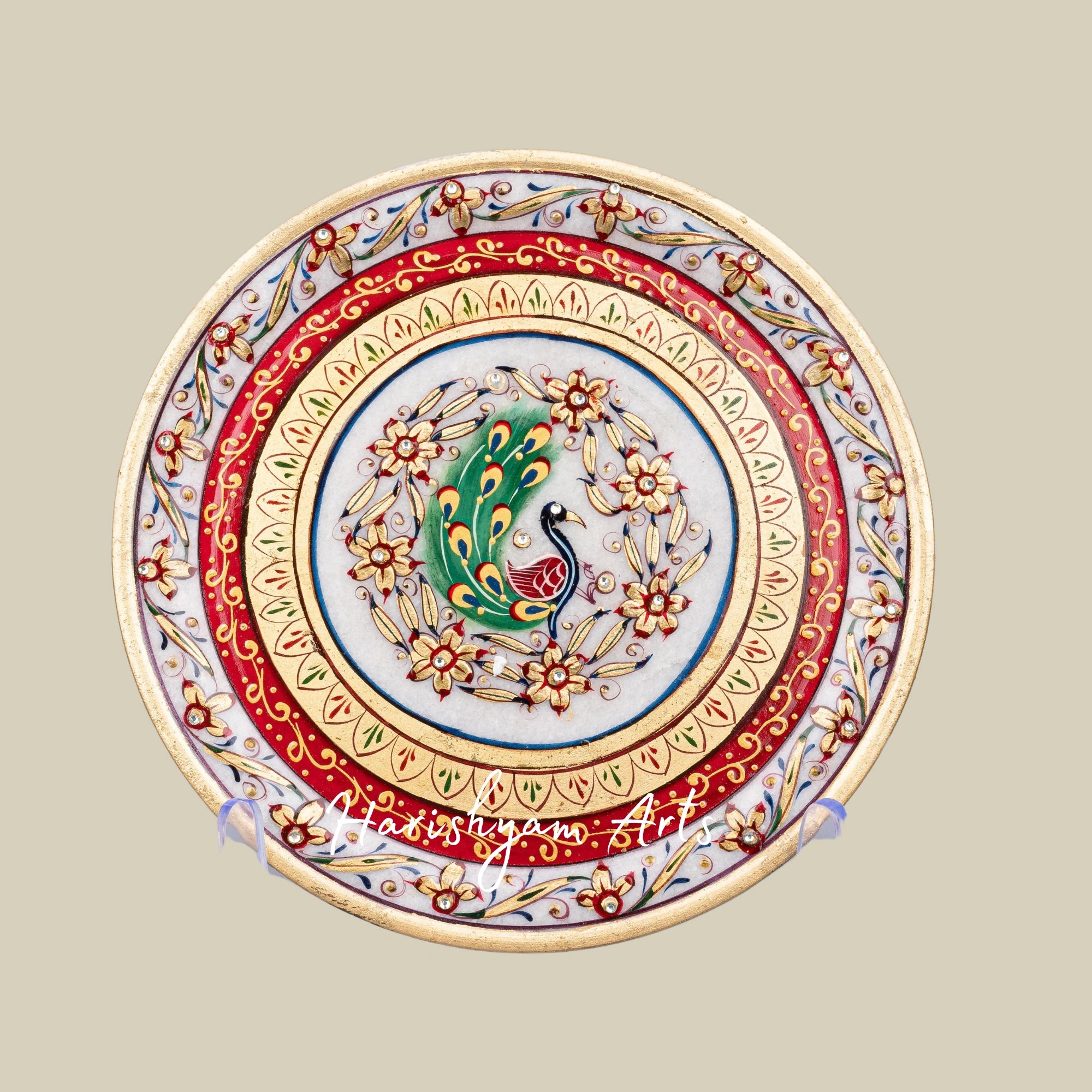 Vibrant Meenakari Art Marble Plate With Red & Yellow Hand-Painted Design