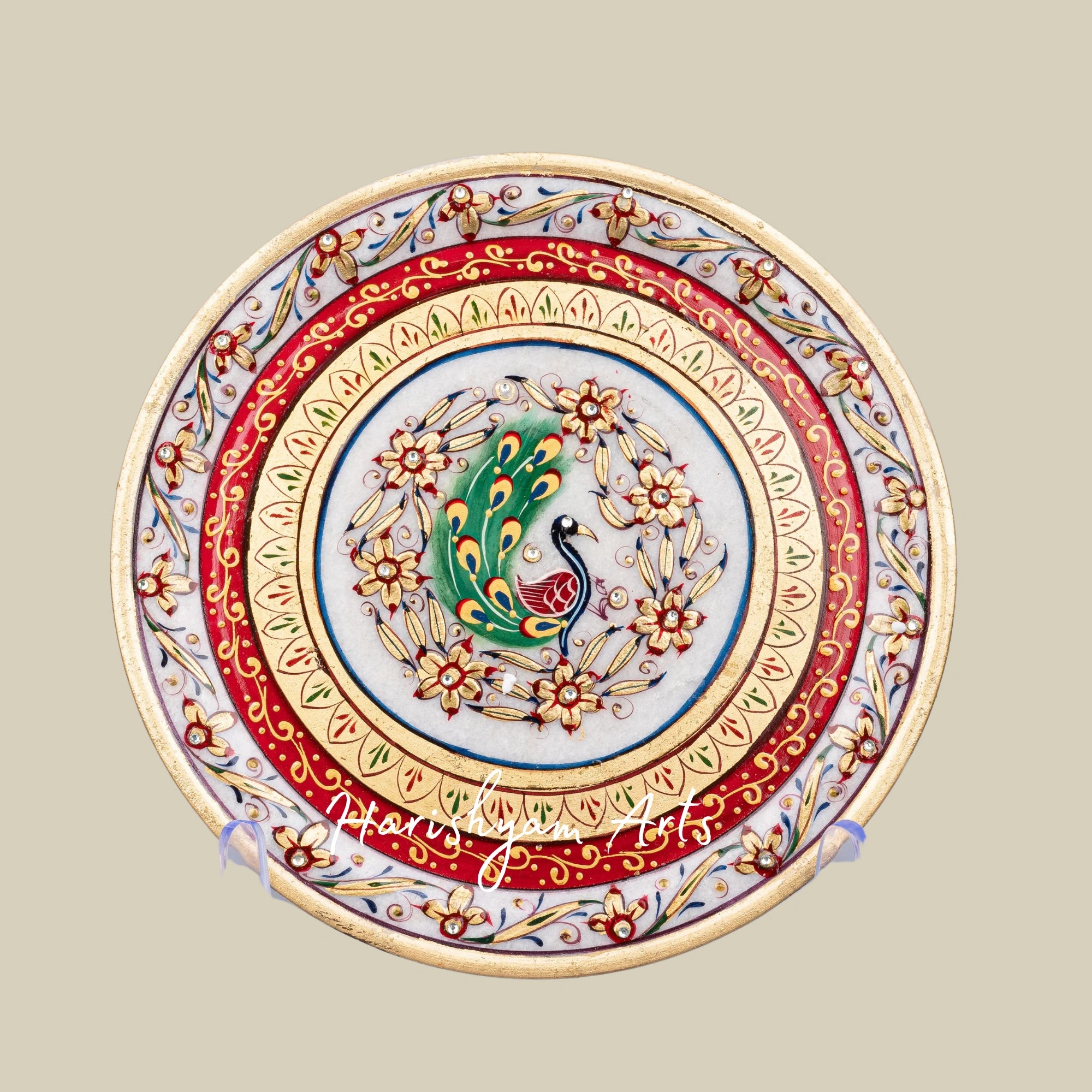 Vibrant Meenakari Art Marble Plate With Red & Yellow Hand-Painted Design