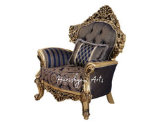 Victoria Galaxy Home Traditional Classic 2-Piece Navy & Gold Chenille Sofa Set with Armchair