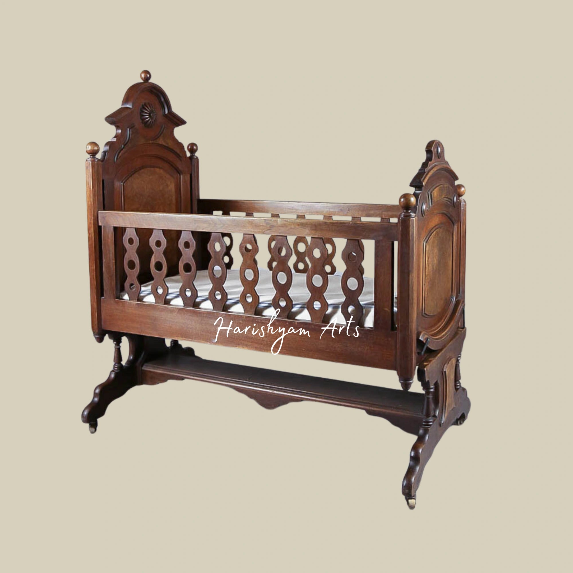 Victorian Hand-Carved Wooden Baby Crib in Solid Teak Wood