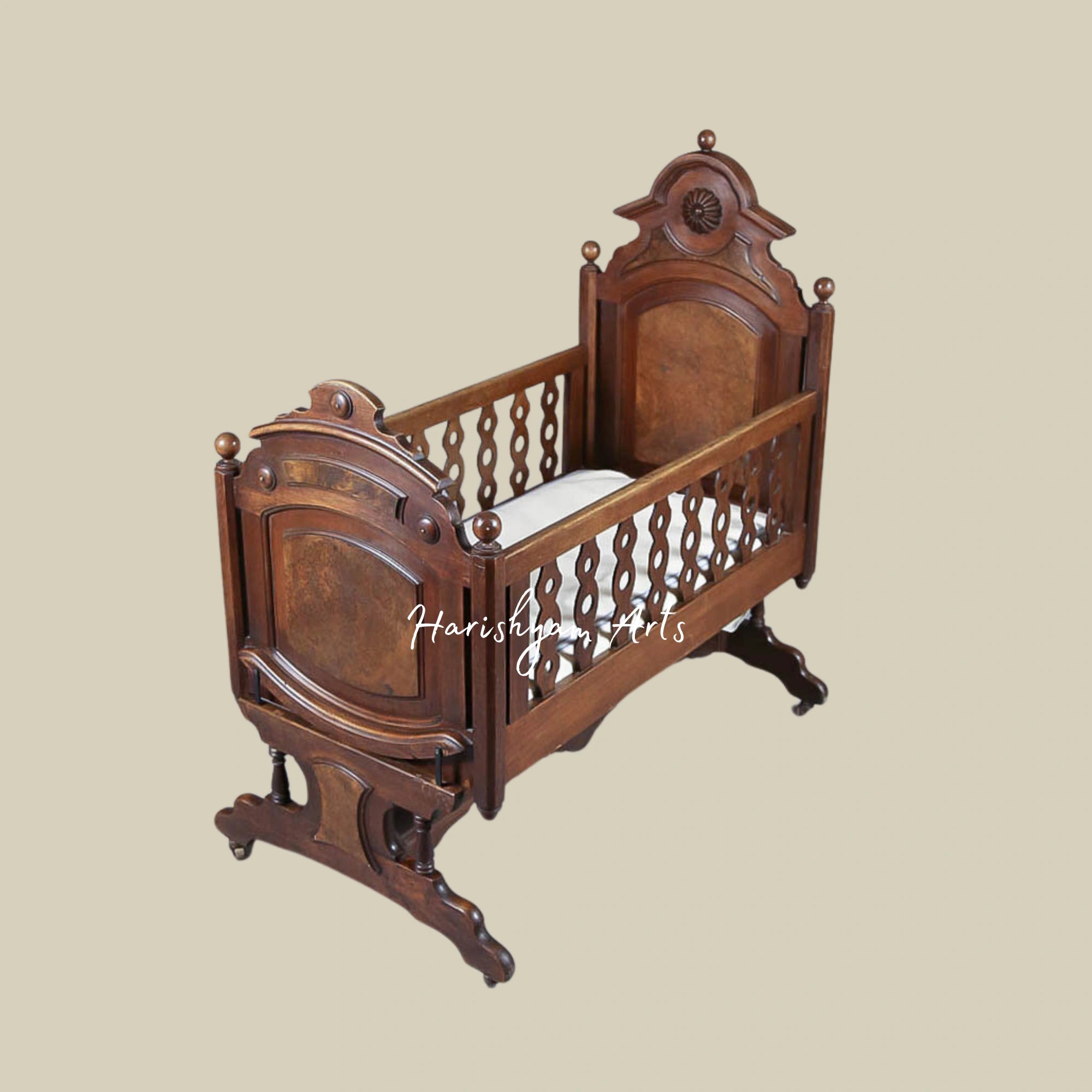 Victorian Hand-Carved Wooden Baby Crib in Solid Teak Wood