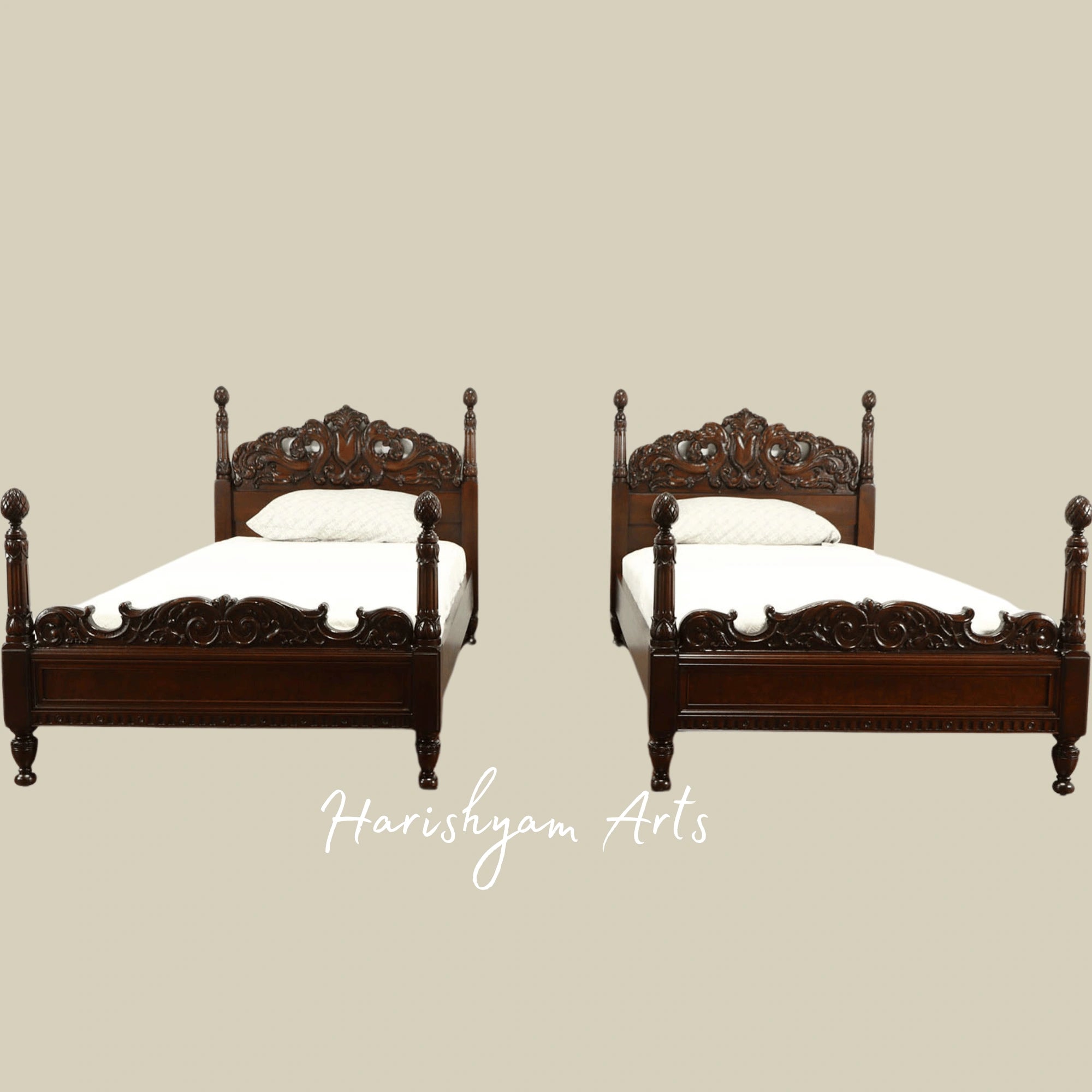 Victorian Twin Wooden Bed Set Antique Hand Carved Design