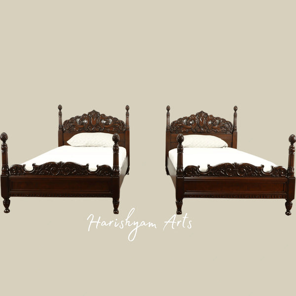 Victorian Twin Wooden Bed Set Antique Hand Carved Design