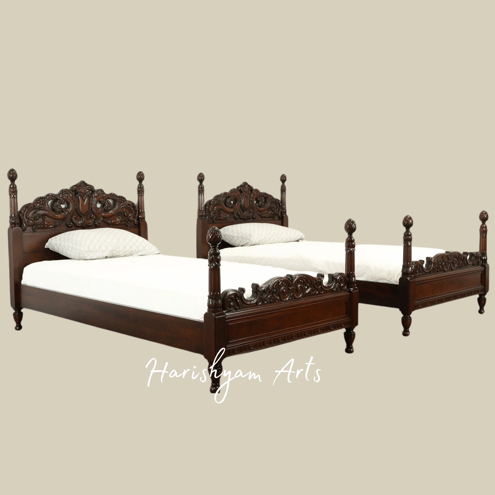 Victorian Twin Wooden Bed Set Antique Hand Carved Design